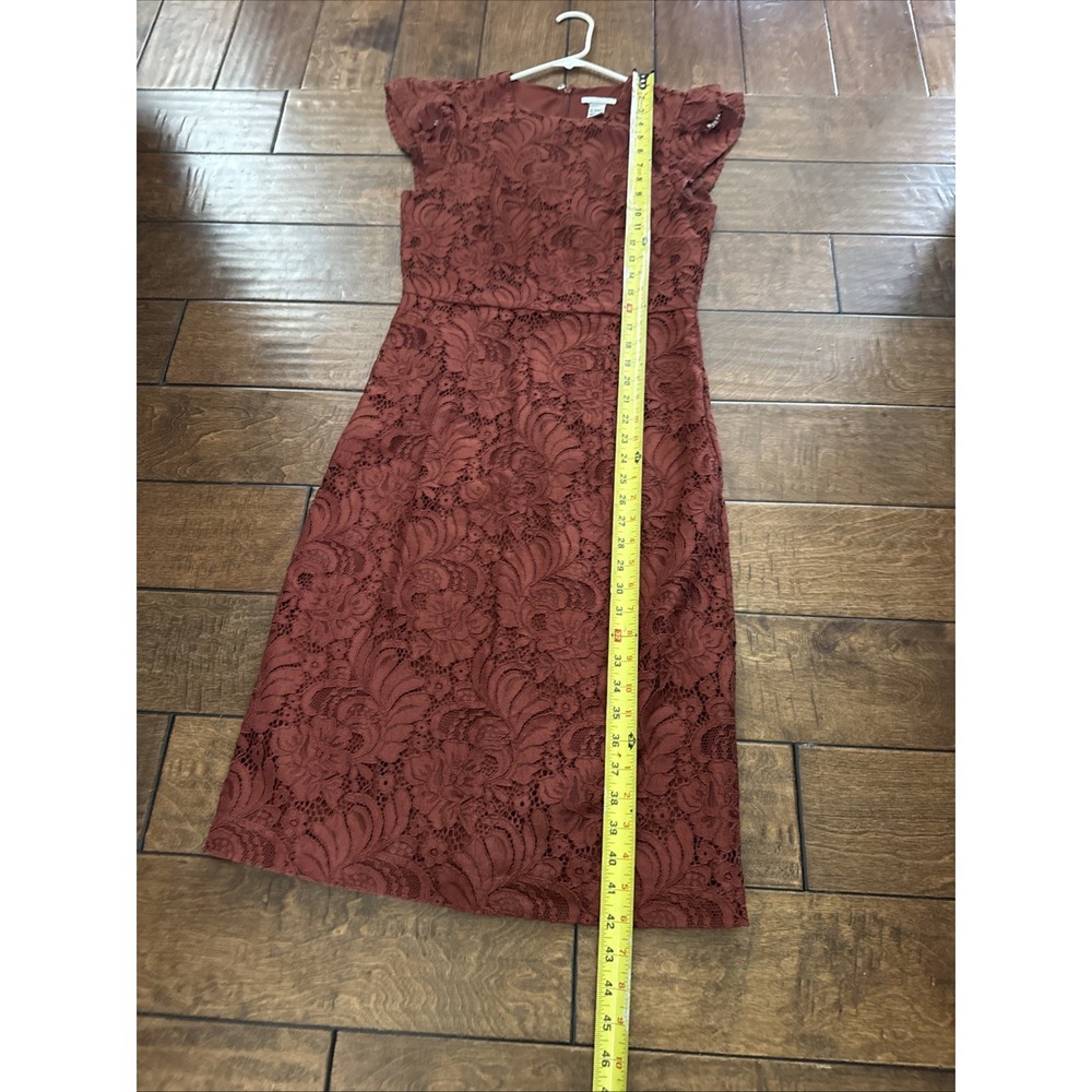 H&M Deep Rust Lace Flutter Sleeve Cap Sleeve Sheath Pencil Dress Size 6 - Picture 8 of 9